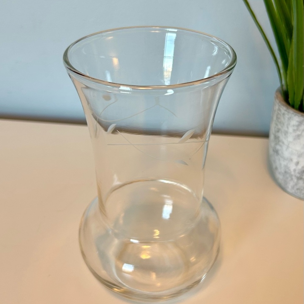 Vintage Federal Glass Clear Etched Vase with Leaf Band
Mid-Century